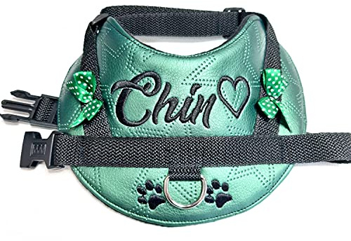 Hundegeschirr S M L XL XXL Brustgeschirr mit Wunsch Namen bestickt Kunstleder Grün schwarz