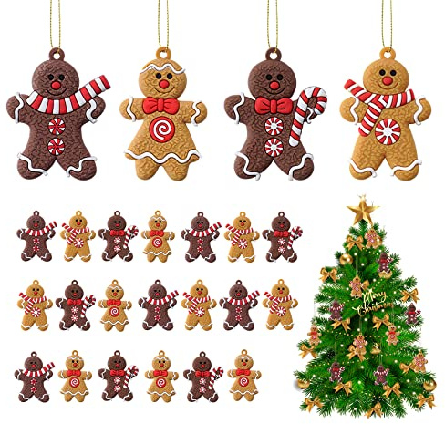 ilauke Weihnachtlicher Baumschmuck, 20 Stück Christbaumschmuck Lebkuchen Lebkuchenmann Anhänger Ornamente mit 24 Schnür, Lebkuchen Figuren Hängende für Weihnachtsbaumschmuck Christbaumschmuck