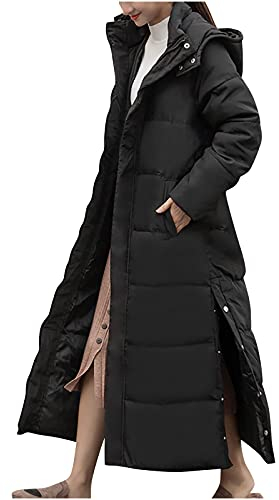 Masrin Daunenjacke mit Kapuze Damen Langer Warmer wattierter Mantel Einfarbige Winterjacke Knöchellange geschlitzte Steppjacke Daunenjacke mit Rollkragen Wintermantel Bomberjacken Übergangsjacke