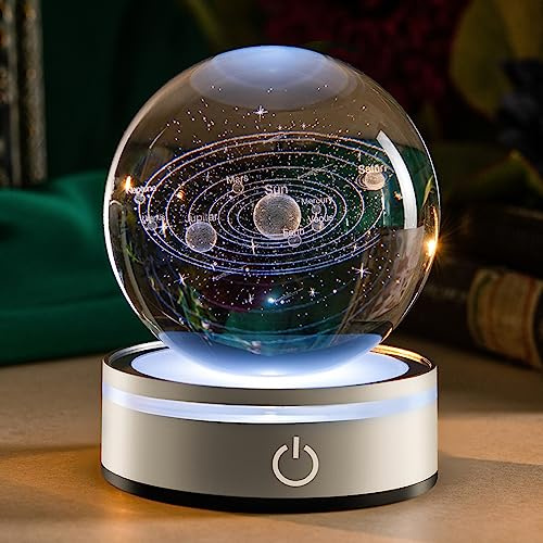 IFOLAINA 3D Solar System Crystal Ball 3.15 Astronomy Gifts for Boys Girls the Solar System Model Glass Globe for Physicist Space Lovers Decorative Planets Sphere with Lighted Stand