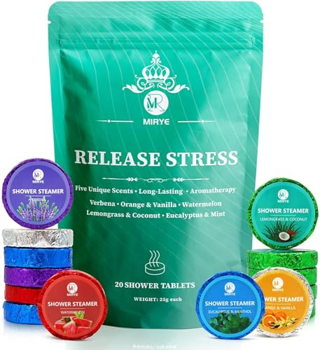 MR MIRYE Shower Steamers Aromatherapy, 20-Pack Shower Bombs Organic with Verbena, Orange&Vanilla, Watermelon, Lemongrass&Coconut, Eucalyptus&Mint Essential Oil, 20-Pack Shower Bombs Birthday Gift