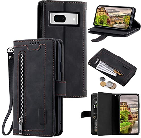 EYZUTAK Handyhülle für Google Pixel 7 Pro Hülle,Flip Case Lederhülle Reißverschluss Magnetverschluss Brieftasche mit 9 Kartenfächern Standfuntion Retro Matt Ledertasche für Google 7 Pro-Schwarz