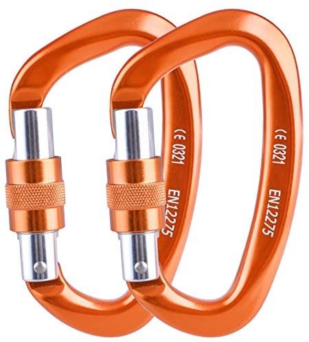 Azarxis 25kN Karabiner Klettern, Karabinerhaken aus Aluminium, Kletterkarabiner, Schlüsselanhänger mit Schraubverschluss für Hängematte, Angeln, Wandern Haustier (Orange - 2 Stück)