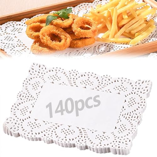 DXIA Lot de 140 sous-gâteaux rectangulaires en papier, napperons dentelle, dimensions 23 x 16 cm, pour mariages et événements formels, décoration de table