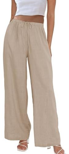Duyang Womens Cotton Linen Palazzo Pants Drawstring Elastic Waist Casual Wide Leg Trousers with Pockets(Khaki,M)