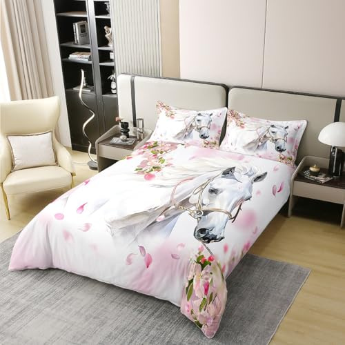 White Horse Cotton Duvet Cover Set Twin Size Girls Chic Pink Floral Flowers Bedding Set Watercolor Wild Animal Design Comforter Cover for Children Teens Bedroom Decor Wildlife Bedspread Cover