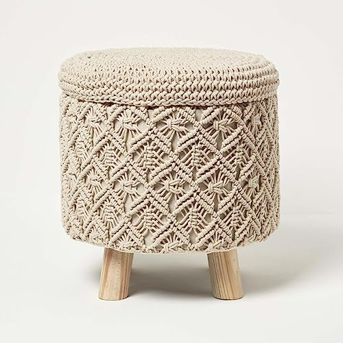 HOMESCAPES Pouf lavorato a maglia in macramè naturale con contenitore, alto 43 cm, poggiapiedi rotondo su gambe, 100% cotone intrecciato design sgabello Vanity Seat