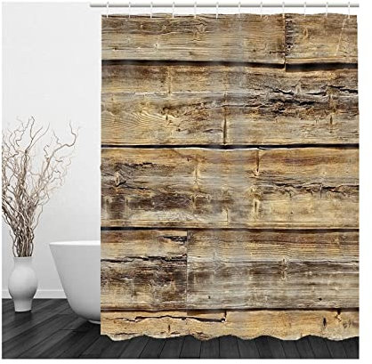 Whoiy Duschvorhang Extra Lang, Duschrollo Um Die Ecke 165X200cm Polyester Bath Curtains Planke Braun Waschbar Wasserdicht