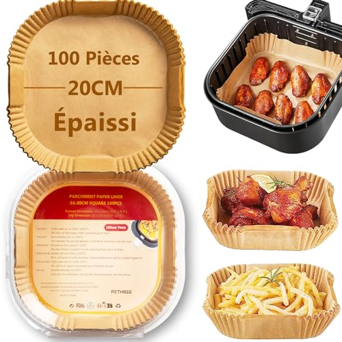 PETHREE Backpapier für Heißluftfritteuse 4,5-7,5L XXL, 100 Stück BPA-frei Verdicktes 20-25cm Airfryer Baking Paper Eckig, Antihaft Wasserdicht Ölfest Luftfritteuse Schalen Zubehör