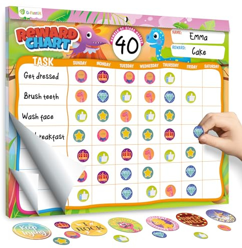 D-FantiX Magnetic Reward Chart for Kids - Behavior Chart Pad with 27 Chores Chart for Children, Dinosaur Reward Sticker Charts Motivate Responsibility & Good Behavior, 2328 Incentive Stickers