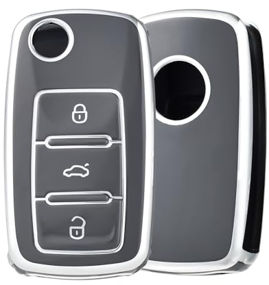 OFF WE GO Autoschlüssel Hülle für VW Polo Schlüsselhülle Cover für Volkswagen Golf 4 5 6 Tiguan Passat Beetle Touran Skoda Seat Ibiza4 Altea Leon Schlüsselcover Schlüssel Schutz Gehäuse, Grau Silber