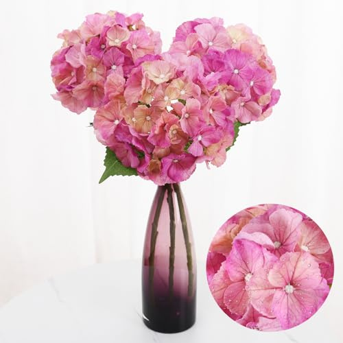 Avoeco Lot de 3 hortensias artificiels roses de 53,3 cm, élégantes au toucher réaliste, parfaites pour la décoration de la maison, mariage, fête, centre de table