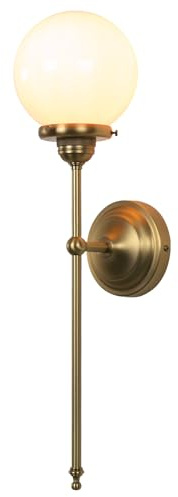 JIMUBEAM Industrial Vintage Wall Sconce Lighting, Milky White Glass Globe Shade with Long Arm Antique Brass Wall Light, Indoor Up and Down Wall Mounted Lamp for Bedroom Kitchen Bathroom