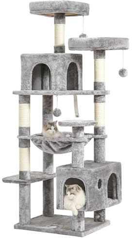 MSmask Kratzbaum groß, L Katzenbaum Stabil, Katzenkratzbaum mit 2 Plattformen, 2 Katzenhöhlen, Hängematte, Sisalsäulen, mehrstöckiger Kletterbaum für Katzen (Hellgrau, 160 cm)