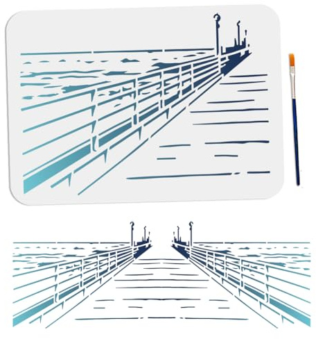 MAYJOYDIY Strandlandschafts Schablone 29.7 × 21cm Spleißmuster Ozeanbrücken Schablonen Mit Pinsel Sommer Meereslandschafts Vorlagen Für Holz Leinwand Papier Stoff Wand Glas