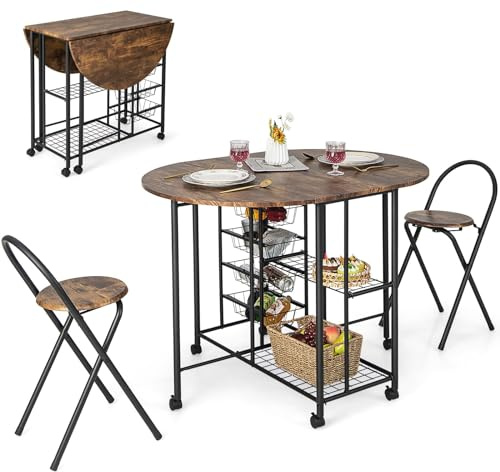 RELAX4LIFE 3-teiliges Esstisch Set Klappbar, Bartisch auf Rollen, Küchentisch mit 2 Klapphockern&2 Regalen&4 Ausziehbaren Körben, Klapptisch mit 2 Klappstühlen, für kleine Räume (Vintagebraun)