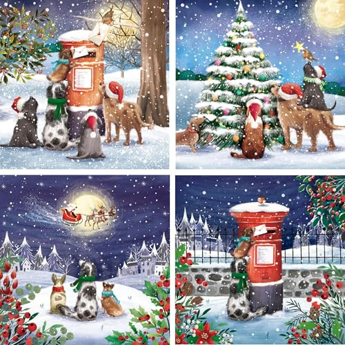 GBCC Tarjetas de Navidad solidarias - Paquete de 20 tarjetas de felicitación premium surtidas con sobres - Perros festivos y buzón - (5 de cada uno de 4 diseños) - Apoyo a organizaciones benéficas del