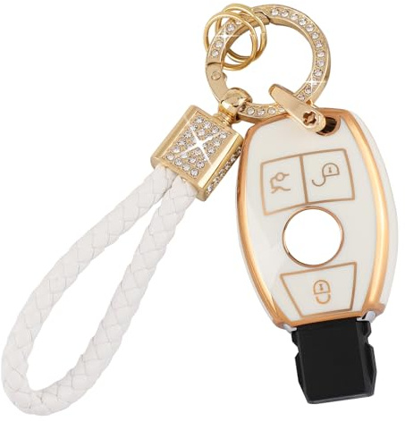 BLINGOOSE Schlüssel Hülle für Mercedes 3 -Tasten TPU Autoschlüssel Hülle Schlüsseltasche Schutz Cover Bling Keychain für Benz C 300 AMG CLA GLA GLC GLS GLE GLK CLS G E S ML Girly Frauen Weiß Gold