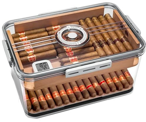 POCDOKYZ Humidor für Zigarren, transparent, Humidor für Reisen, aus PET, Hygrometer + Feuchtigkeitspaket + Sägemehl, feuchtigkeitsspendend und feuchtigkeitsbeständig, enthält 30-100 Zigarren, L