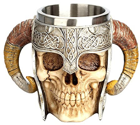 Romeeton Skull Beer Cup, Skull Viking Drinking Mug, Skeleton Resin Beer Stein Tankard, Coffee Tea Cup, Halloween Bar Drinkware Gift (A)