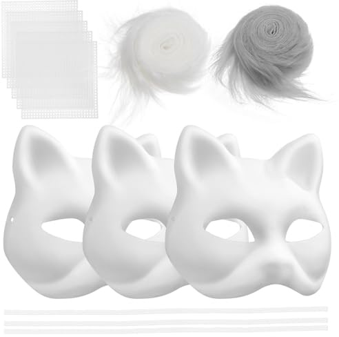 Toyvian Masques De Chat Vierges, Lot De 3 Masques Avec Filet Pour Les Yeux Blancs À Peindre En Papier Vides DIY Pour Créatifs Mascarade D'halloween Fête Cosplay