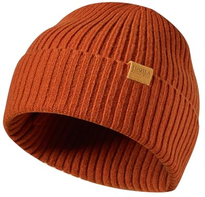 FUQILA Beanie-Mütze aus 100% Merinowolle, Unisex, warm, weich, atmungsaktiv und gemütlich, dehnbar, Strickmütze mit Bündchen, dunkelorange, Einheitsgre