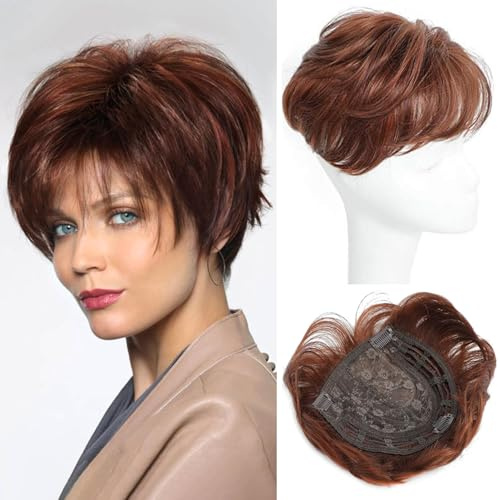 PORSMEER haarteile für dünnes haar topper, Kurze Pixie Cut Haarteile Synthetische Pixie Topper für Damen/Herren Clip In Wiglet mit Pony Haarvolumen hinzufügen,haarverlängerung,Auburn braun