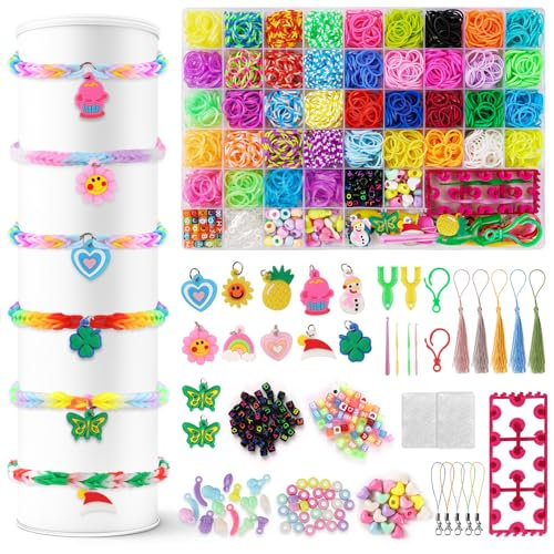 AUAUY Gomas para Hacer Pulseras, 40 Colores 6400+ ArcoíRis Gomitas para Hacer Pulseras con Colgantes de Cuentas del Alfabeto en el Tablero de Telar, Kit Pulseras Set para Hacer Pulseras NiñAs