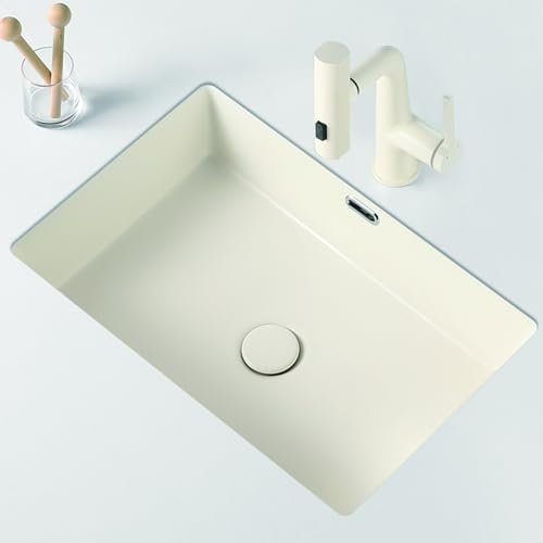 Rettangolo beige Lavello da incasso，Incorporato lavatoio ceramica，vasca da bagno o lavelli da cucina Con rubinetto multifunzione, di grande capacità, adatto per cucina, ristorante, lavanderia, bar.(60