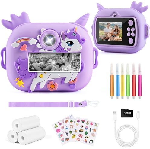 Euakee Appareil Photo Instantané Enfants, 2,4 Écran Appareils Photos Numériques pour Enfants avec Carte 32GB et Papier Photo Imprimé, Stylos Colorés, Caméra Jouets Cadeau pour Garçons Filles 3-12 Ans