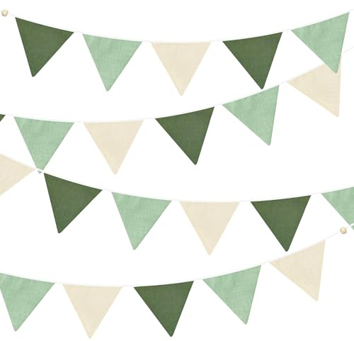 2 Sets of Sage Green Pennant Banner 24Pcs Nursery Garland Flags Olive Green Fabric Linen Triangle Streamers for Baby Room Decor Kids Jungle Safari Summer Birthday Baby Shower Boho Party Decorations