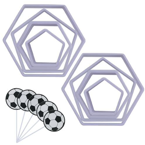 8 cortadores de galletas de fútbol hexagonales y pentágonos con 5 inserciones para tartas de fútbol, moldes de plástico para manualidades, galletas, postres (blanco)