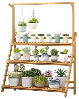 ygmmuixw Soporte Multifuncional para Plantas de jardín de bambú, Soporte Plegable para macetas de 3 Niveles para Uso en Interiores y Exteriores, estantería Plegable