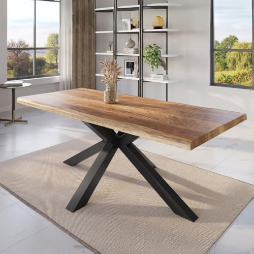 trelevo Esszimmertisch 160x85 cm Mango massiv Spider-Gestell Baumkante | Mangoholz, Tischplatte Natur/rau, schwarz, Baumkantentisch