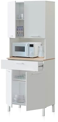 duehome | Alacena de Cocina, Mueble Auxiliar 4 Puertas + 1 Cajon y Estante Interior, Modelo Colin, Acabado en Blanco Artik y Roble Canadian, Medidas: 72 cm (Ancho) x 186 cm (Alto) x 40 cm (Fondo)