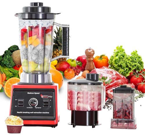 3-EN-1 Blender Mixeur, 9500W Robot Cuisine Multifonctions, Moulin à café, Bol Mélangeur 3L, Cruche 1.5L, Tasse 500ml, sans BPA, pour le jus, le smoothie, le milkshake et le lait de soja (Rouge)