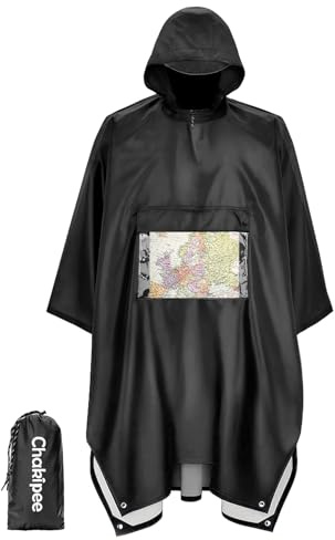 Chakipee regn vattentät poncho vuxen återanvändbar regnkappa lätt med transparent ficka, packbar poncho multifunktion, Svart, 3XL-4XL