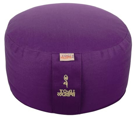 Yogimudra Yogakissen rund 33x20cm – Meditationskissen mit Bio-Dinkelfüllung aus Deutschland, waschbarer Bezug aus 100 % Baumwolle, mit Tragegriff, Kordelzug, Flap & Inlett mit Reißverschluss (Lila)