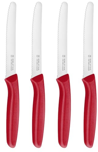 targzier Table Knife,4 Pieces,Serrated Stainless Steel,Ergonomic Handle,Red | Rounded Tip,Fruit Cooking Knife,Small Utility Knife,Bread/Dinner Knife,Vegetable Chopper Peeler,Dishwasher-Safe,Rustproof