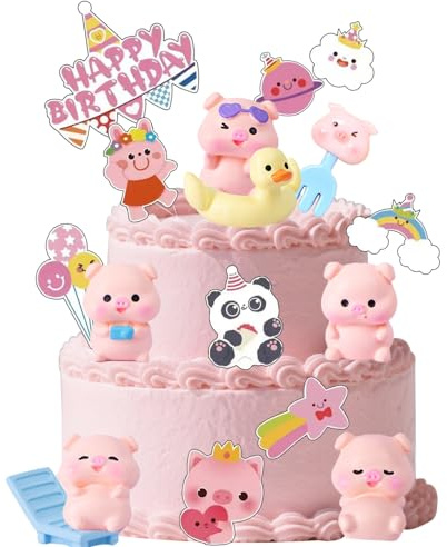 Piggy Tortendekoration, Miniatur Schwein Figuren, Rosa Party Dekoration, Regenbogen Glücksschwein Geburtstagstorte, Cupcakes, Tier Dekoration Zubehör, Strand Stühle Panda Enten Geburtstag Zubehör