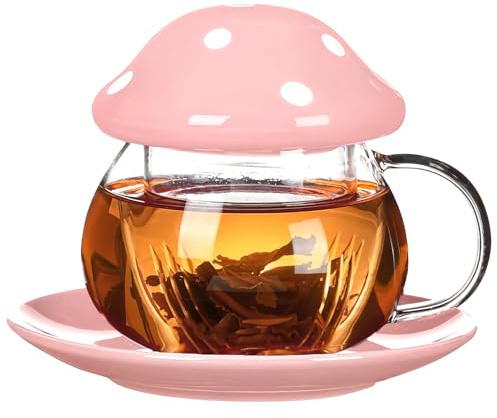 Vestamore Ensemble de tasses à thé en verre motif champignon rose, jolie tasse à thé résistante à la chaleur avec couvercle et soucoupe, parfaite pour la séparation du thé, pour les femmes ou les