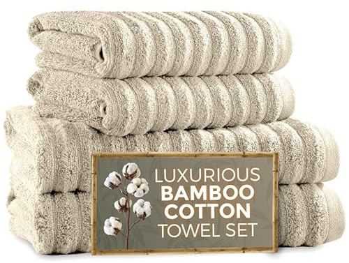 Towelogy 4-Piece Bath Towel Set – Quick-Dry, Highly Absorbent Bamboo-Cotton Blend – Ecofrienldy Choice for Everyday Use | 2 Bath Sheets (90x140cm) & 2 Hand Towels (50x80cm) (4, Beige)