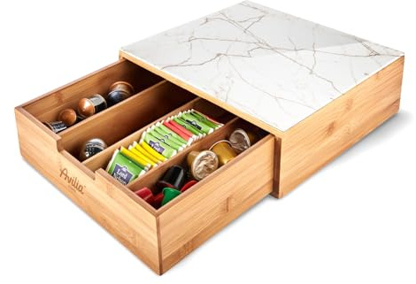 Wintem - Porta Cialde Caffè e Porta Capsule in Bambù con Ripiano in Vetro, Organizer per Angolo Caffè e Tè 30x30x10cm, Elegante e Compatto per Casa e Ufficio