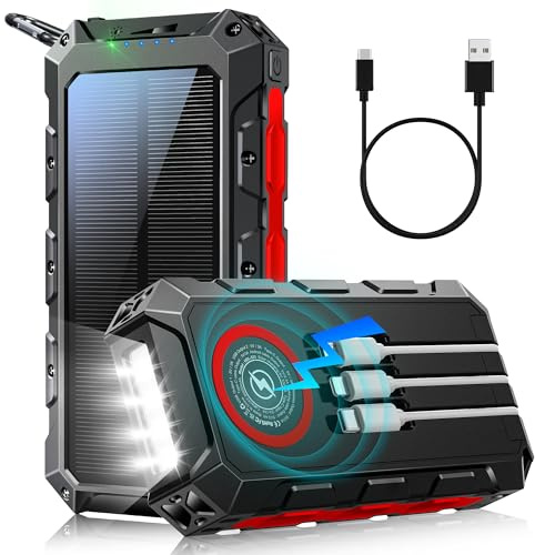 52800 mAh Wireless Solar PowerBank mit kabelloser Ladefunktion, wasserdicht, Lieferung mit 5 Ausgängen, 3 Eingängen, Taschenlampe, Karabiner, Qc 30 W und USB C Pd 20 W für Handys