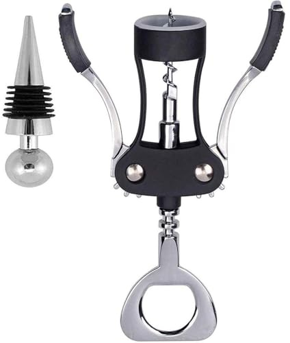 Wing Corkscrew Wine Bottle Opener with Bonus Stopper | Multifunctional Metal Corkscrew for Wine & Beer Bottles | Ideal for Home, Kitchen, Restaurant Use (Black)
