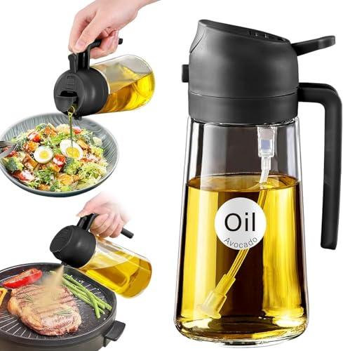 Glass Oil Sprayer for Cooking, Black, 16oz/470ml Capacity, 2-in-1 Oil Dispenser Bottle with Stickers for Kitchen, Salad, Frying, BBQ