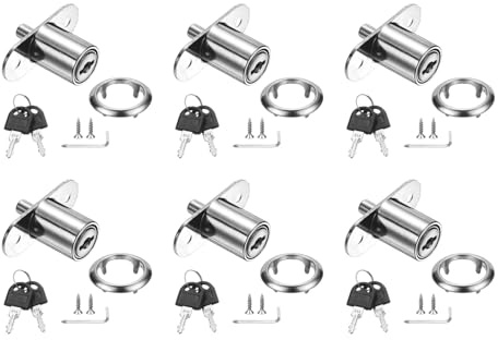 PATIKIL Drawer Desk Push Plunger Lock, 6Pcs 7/8 Cylinder Diameter 1-7/16 Cylinder Length Zinc Alloy Sliding Cabinet Locks with Cross Screwdriver Keyed for Wardrobe Drawers, Silver