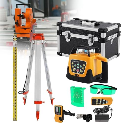 Générique Laser Rotatif à nivellement Automatique, kit de Niveau Laser Rotatif à 360° avec autonivellement, portée de 500 m for travaux extérieurs (kit de Niveau Laser Rotatif avec trépied et Tige)
