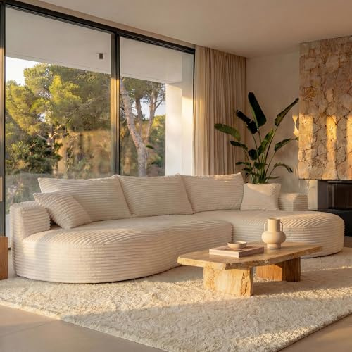 Mendler Sofa-Garnitur HWC-P19, 3-Sitzer Couch Loungesofa, Stoff/Textil Cord (370 g/m²) Liegefläche rechts - weiß