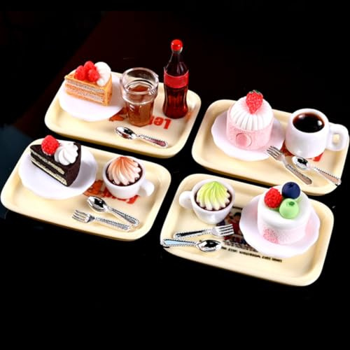 KARLOR Juego de 24 mini pasteles de café, postre, helado, latte, con plato, cuchara, tenedor, bandeja para servir, postre en miniatura, mini alimentos, bebidas, mini escena, decoración de mesa